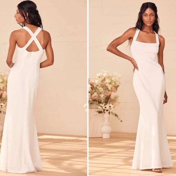LULUS Bridal Wedding Chic Minimalist Mermaid Trumpet Criss Cross Back Maxi Gown - Picture 1 of 3